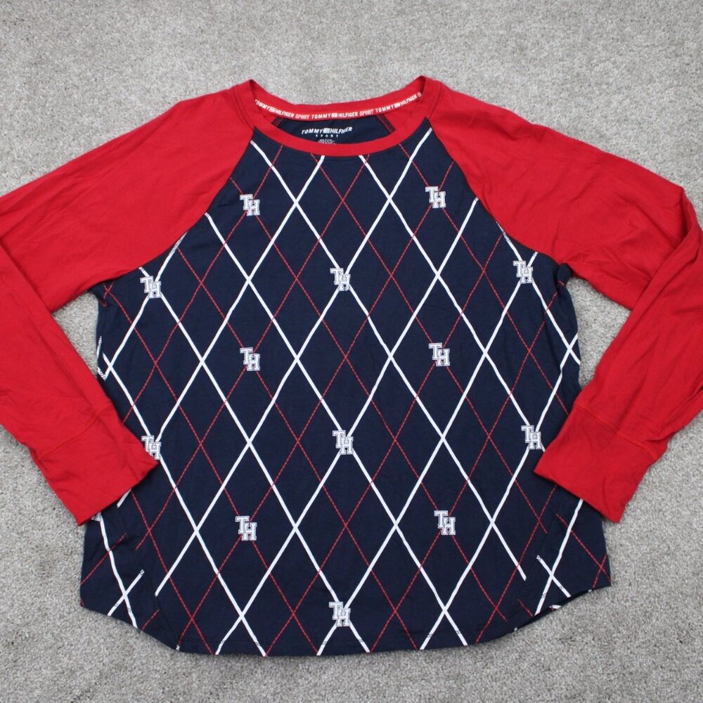 Tommy Hilfiger AOP Shirt Womens XL Blue/Red All Over Print‎ Long Sleeve Pullover